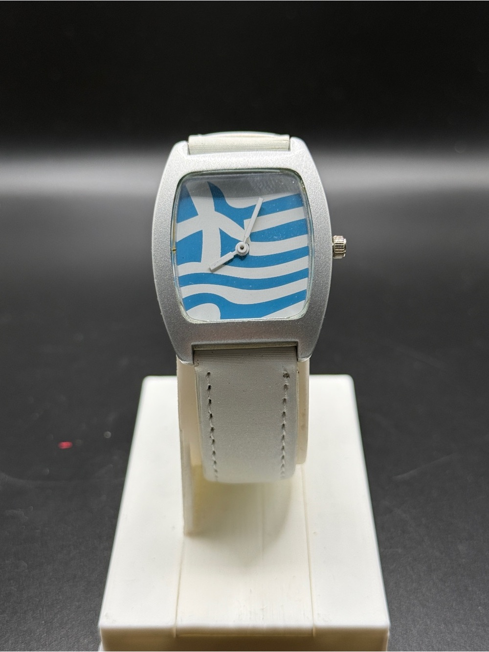 White Leather Strap Watch with Greek Flag Dial